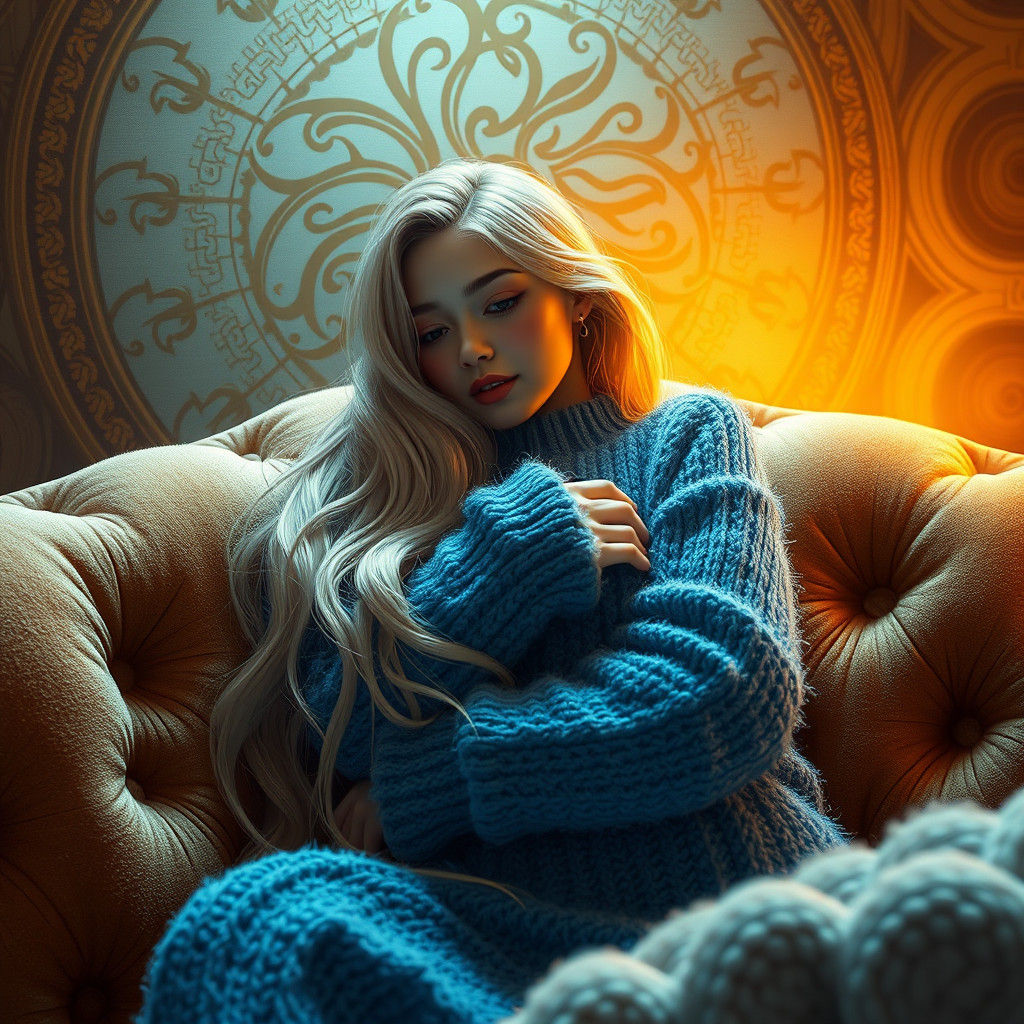 Blond Woman in Blue Sweater Lounging Dreamily