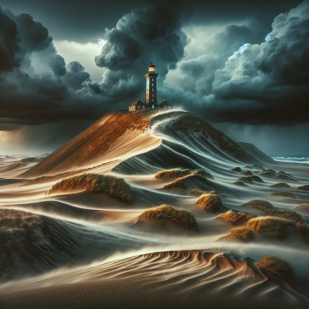 Stormy Lighthouse on Shifting Dunes, Detailed Landscape