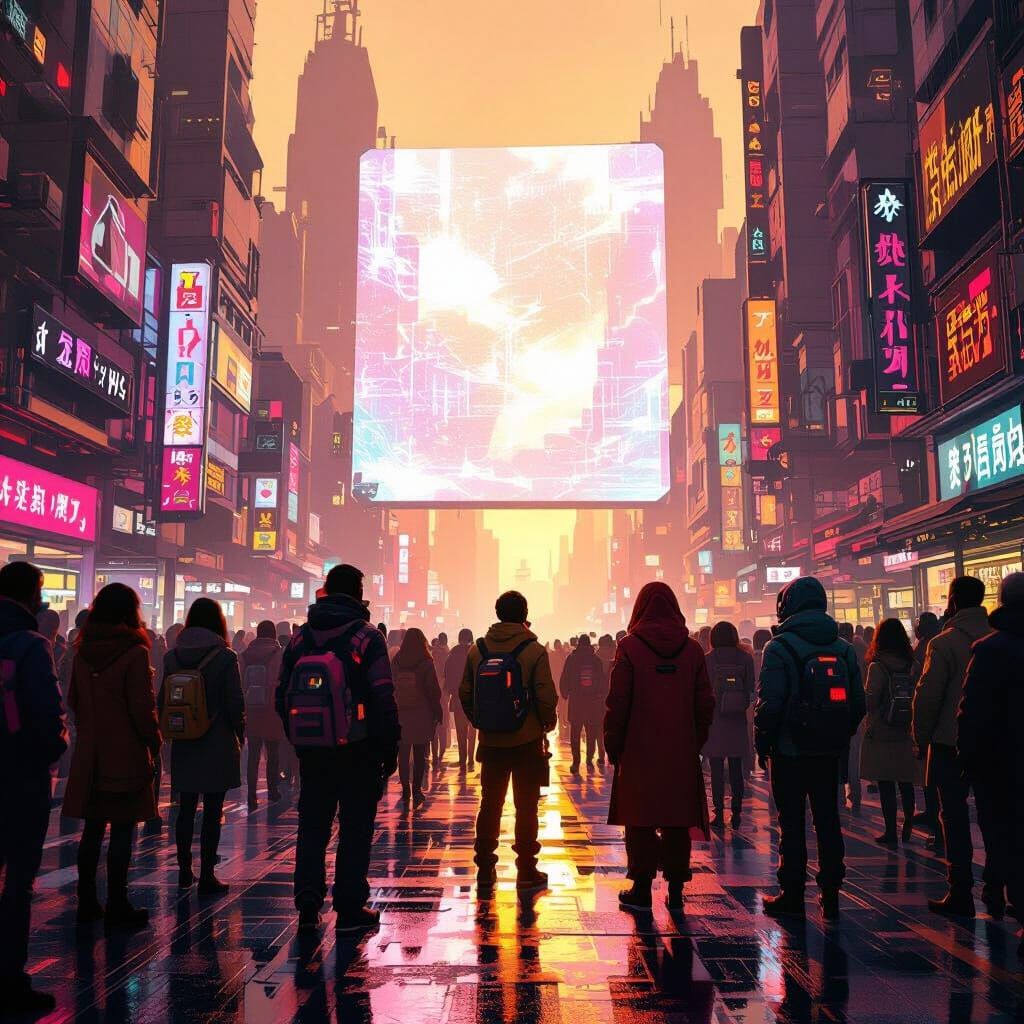 Futuristic Cyberpunk City Street Scene with Hologram Display