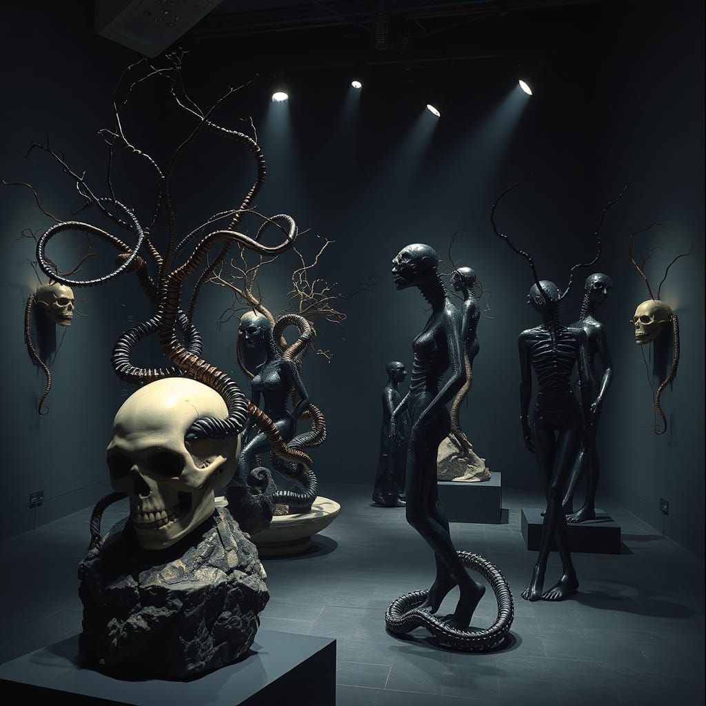 Surreal Cybernetic Sculptures in Dimly Lit Gallery