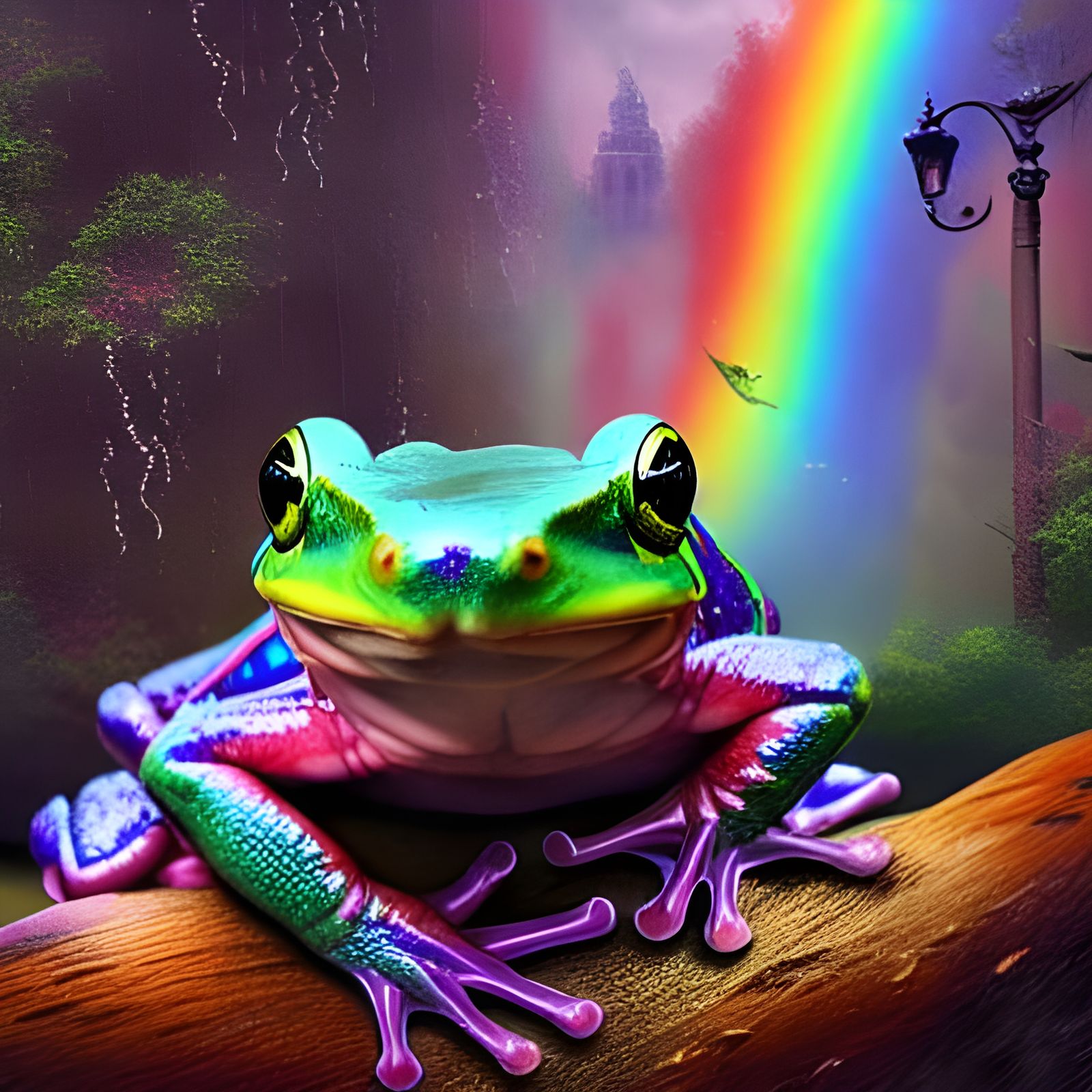 Rainbow Frogs Joyful in Rainy, Detailed Digital Art