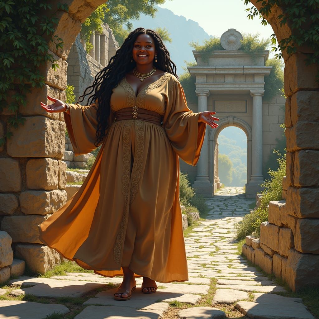 African American Woman on Ancient Stone Staircase