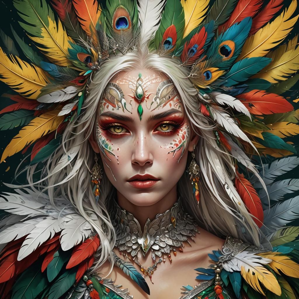 Mystic Woman with Silver Skin and Colorful Plumage