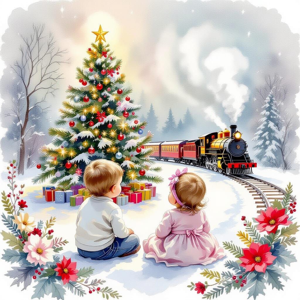Ethereal Christmas Scene: Siblings Watch Train