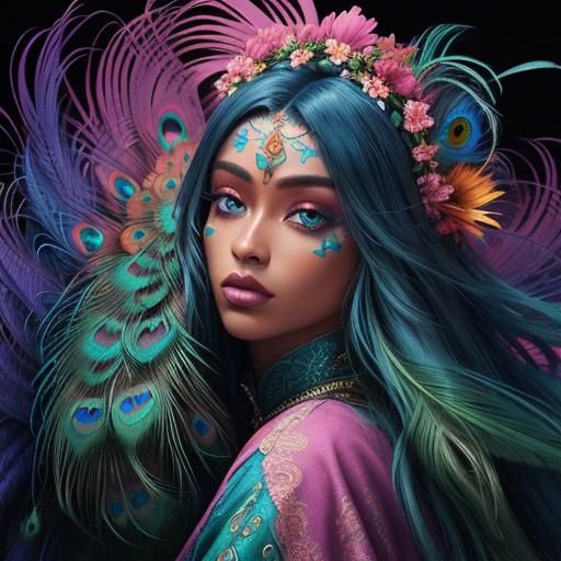 Peacock Woman in a Maximalist Digital Painting