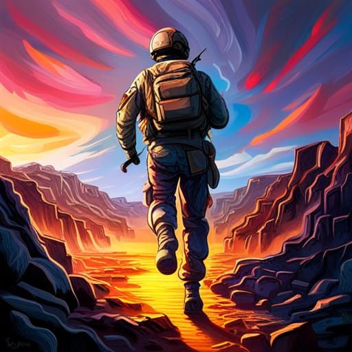 U.S. Soldier Sunset Silhouette in Graffiti Art