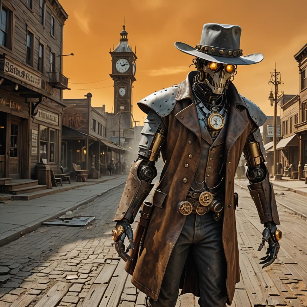 Steampunk Robot Cowboy in Surreal Western Town