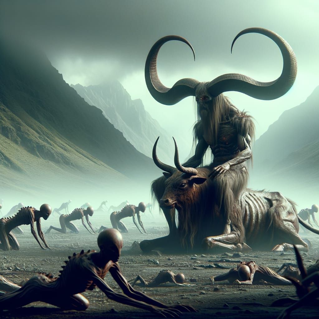 Epic Fantasy Horned Ox Dominates Desolate Landscape