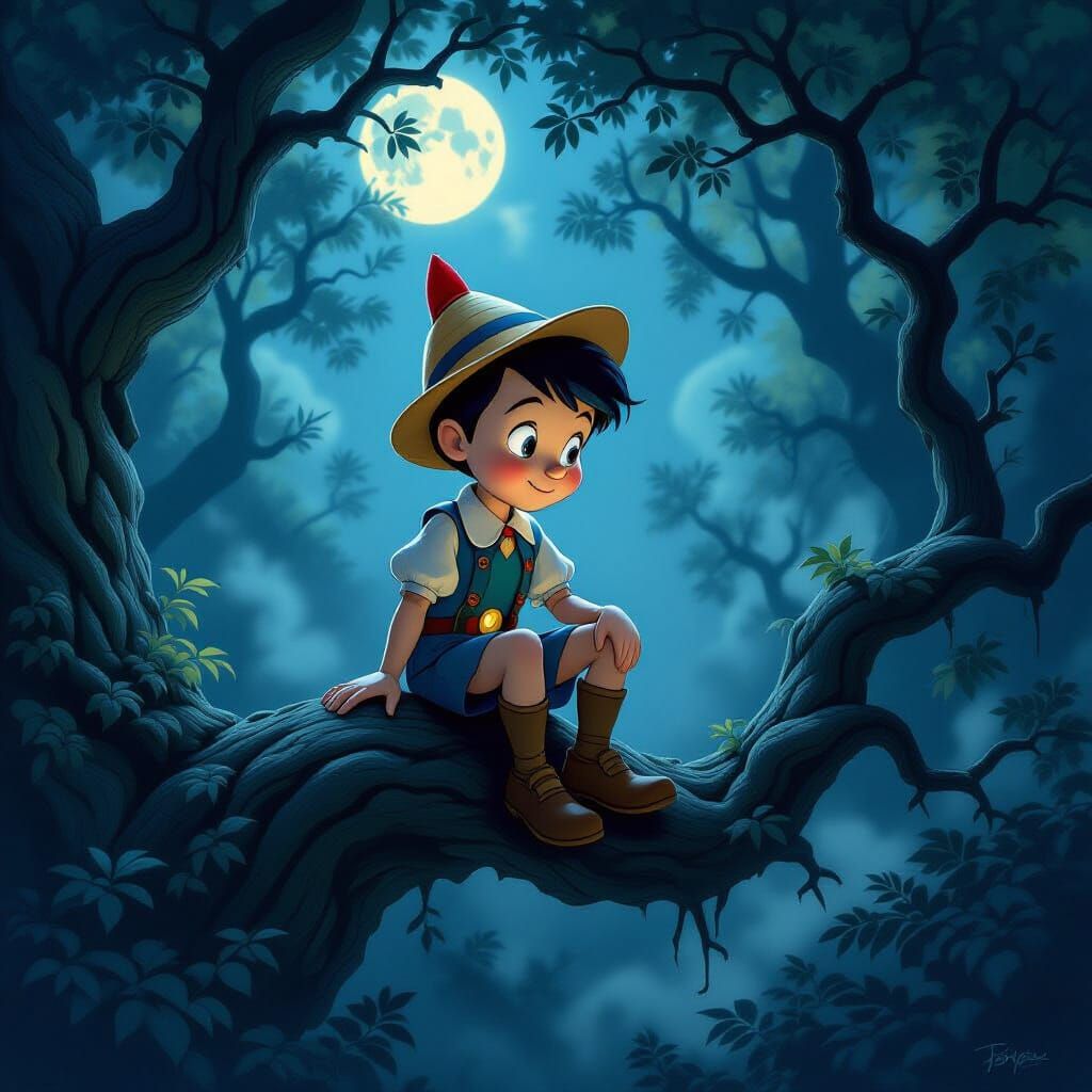Pinocchio in Moonlit Forest, Bioluminescent Eyes