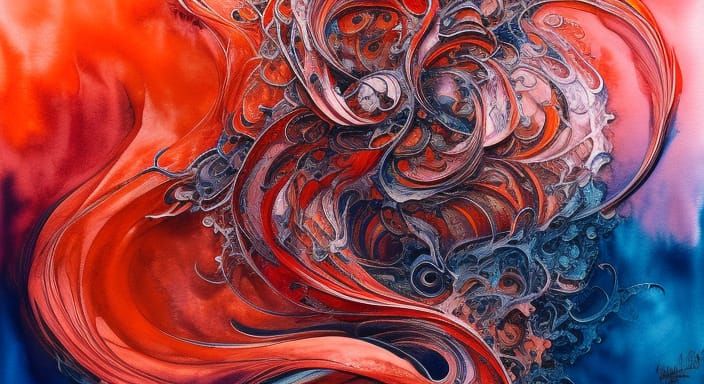 Intricate Fluid Gouache Painting in Chrome and Terracotta
