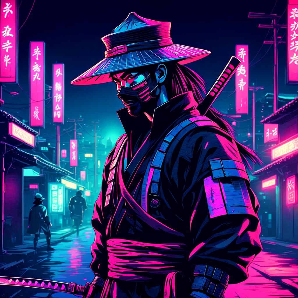 Cyberpunk Samurai in Neon Cityscape