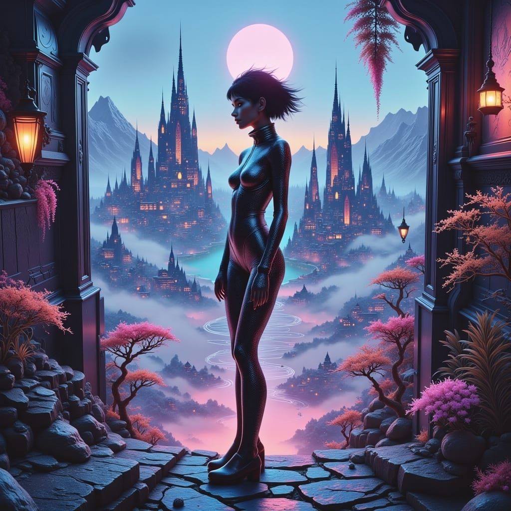 A Futuristic Mystic Stands at the Threshold of a Dreamlike C...