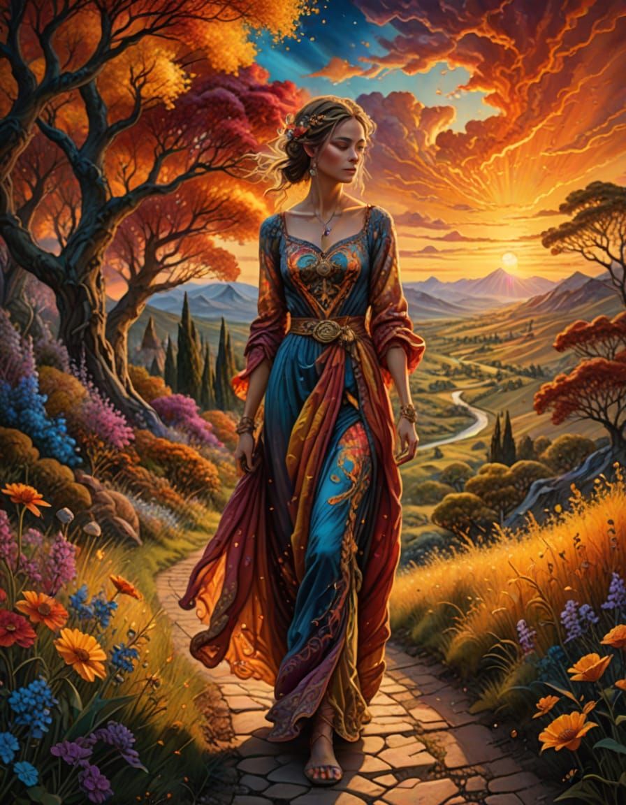 Lonely Woman in Fantasy Landscape, Wall Style
