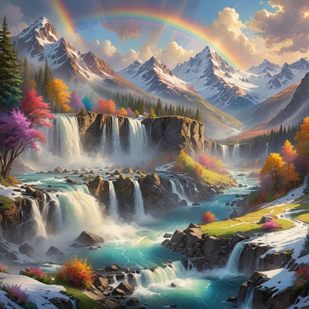 Rainbow Over Mountain Waterfall in Dreamy Style