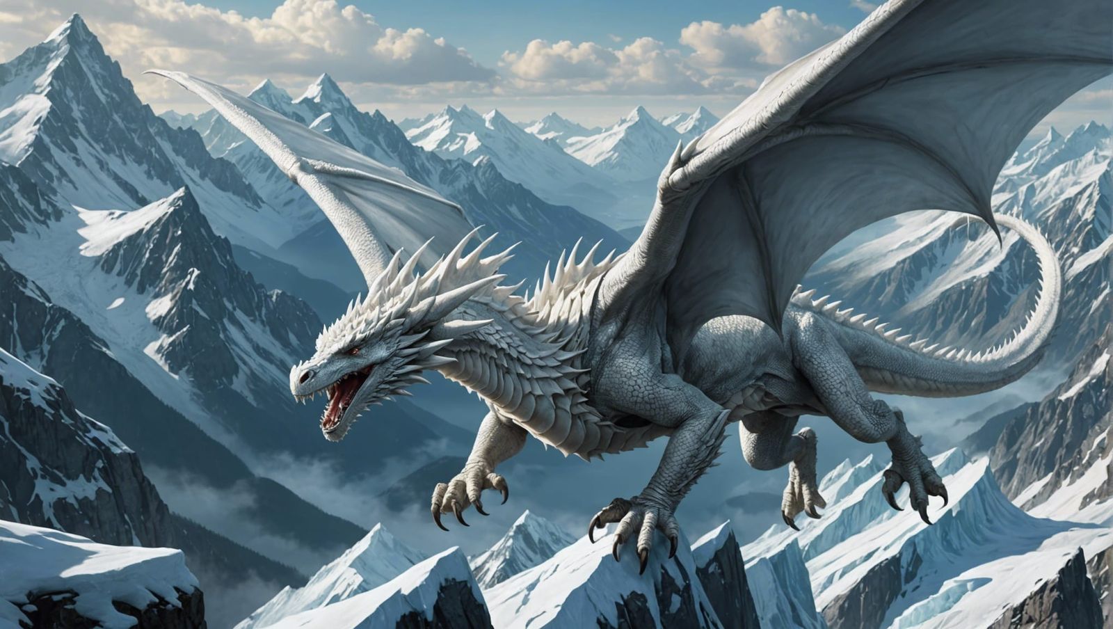 White Dragon Hunting Above Snowy Peaks