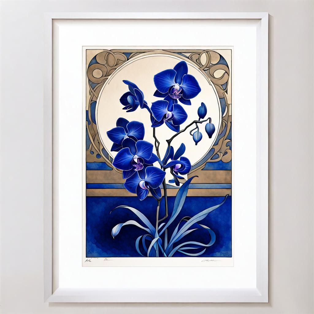 Cobalt Blue Orchid in Art Nouveau Style