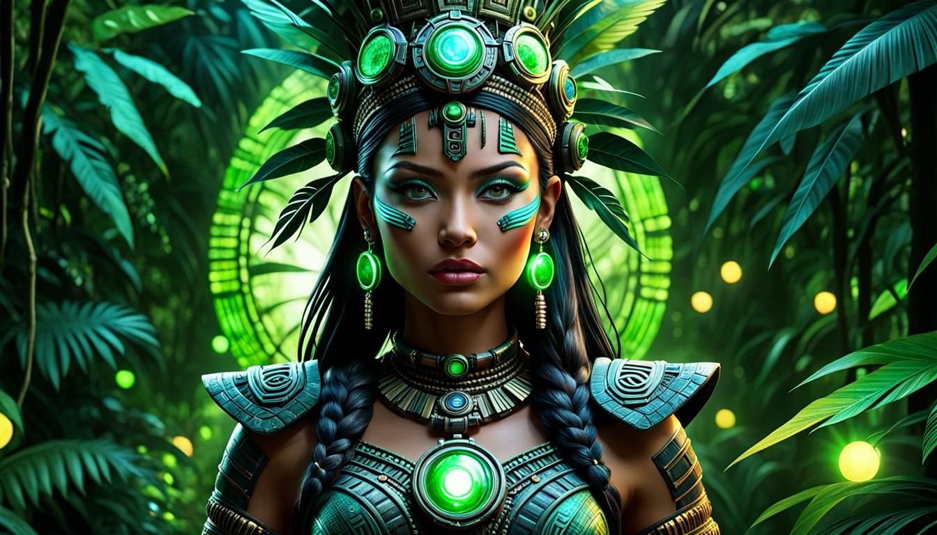 Dark Jungle Mayan Queen in Nuclearpunk Style
