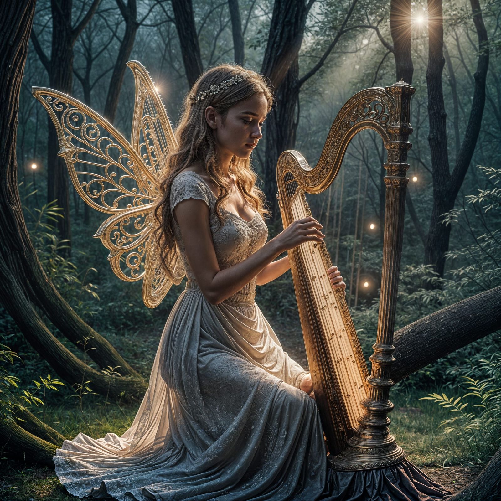 Moonlit Fairy Plays Harp in Realistic Style