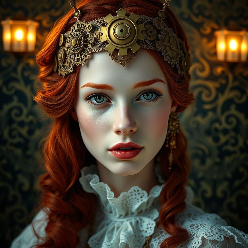 Ethereal Steampunk Goddess with Gears and Lace