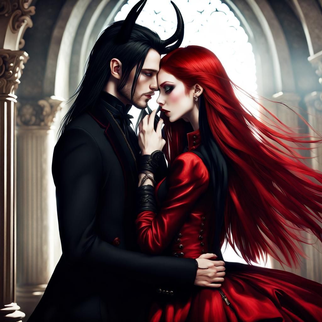 Gothic Couple: Red-Haired Woman Kissing Horned Man