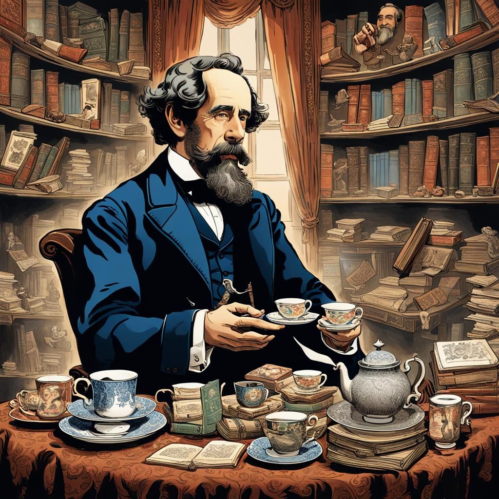 Charles Dickens Having Tea in Art Nouveau Style