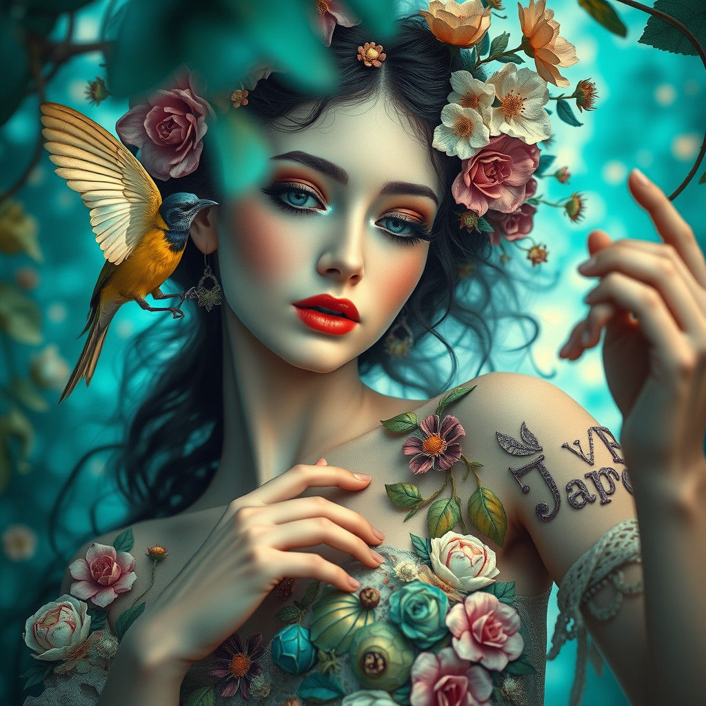 Dancing Woman with Flowers in Surrealist Style