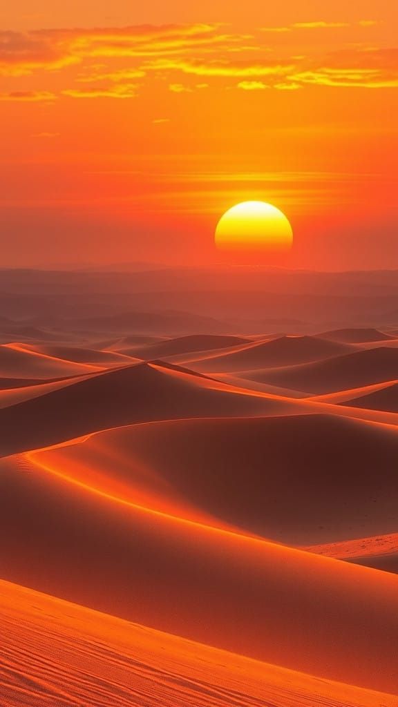 Rolling Desert Dunes Glow Under Sunset Hues in a Serene Land...