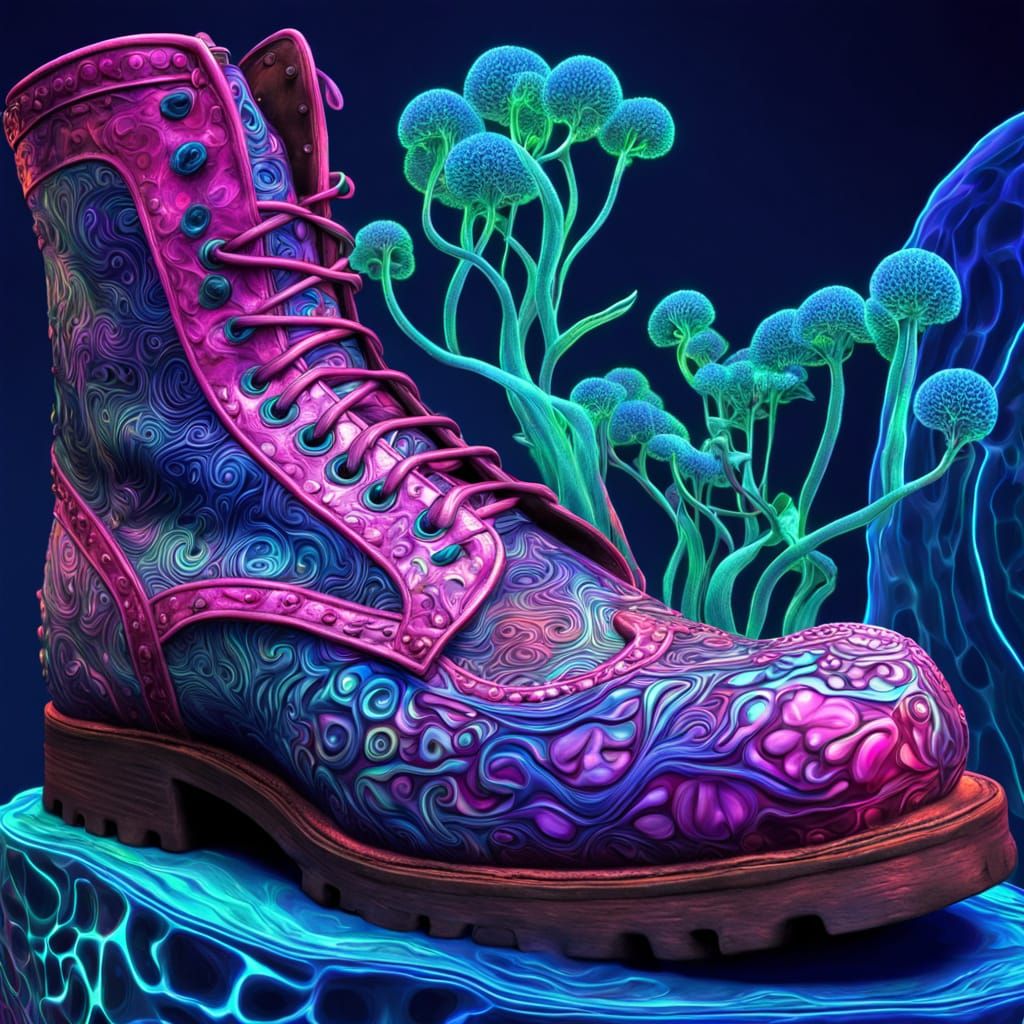 Surreal Boot with Neon Plants in Hyperrealism