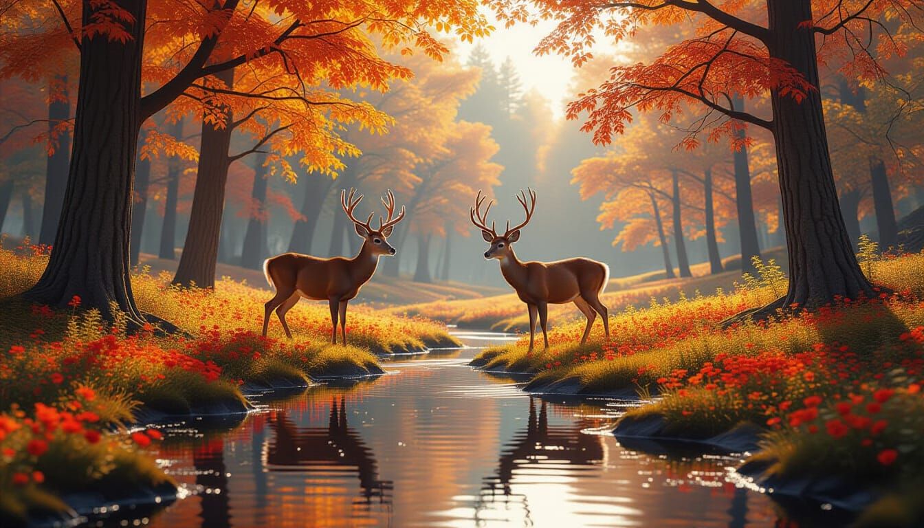 Hyperrealistic Autumn Landscape with Frolicking Deer