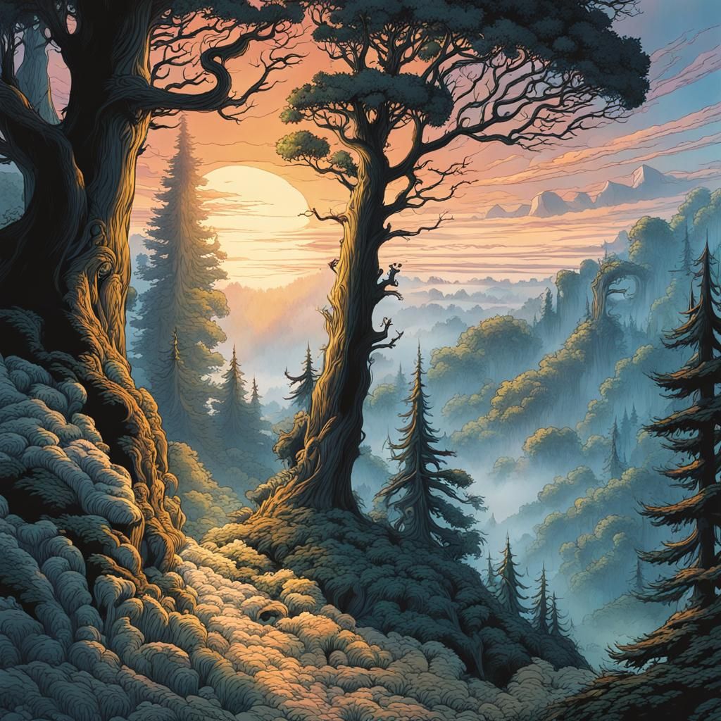 Mysterious Dawn Illuminates Retro Forest Illustration