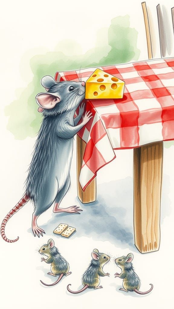 Mouse's Cheese Heist in Pencil Sketch Watercolor
