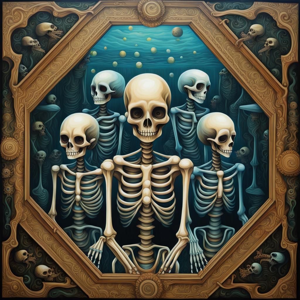 Skeletons Synchronized Swimming in Dark Pop Surrealism