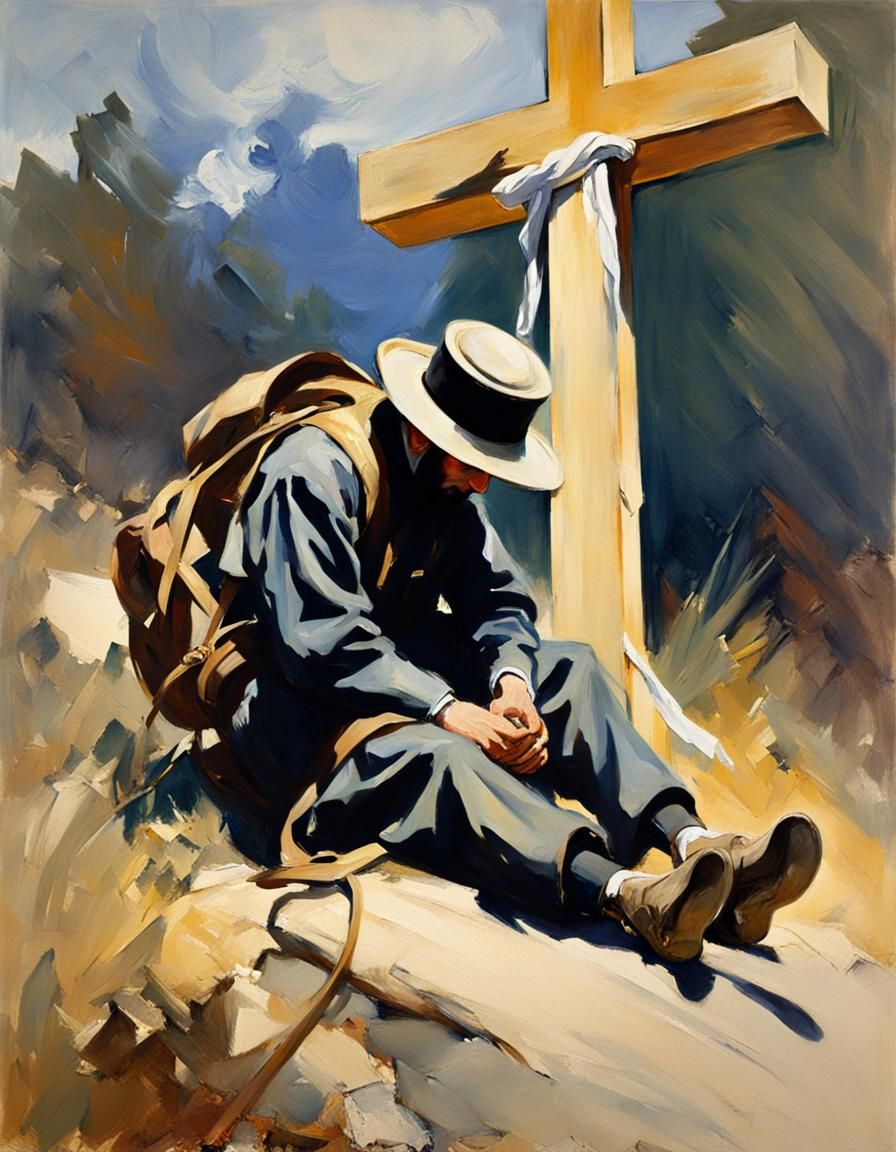 Pilgrim at Cross in Style of John Singer Sargent