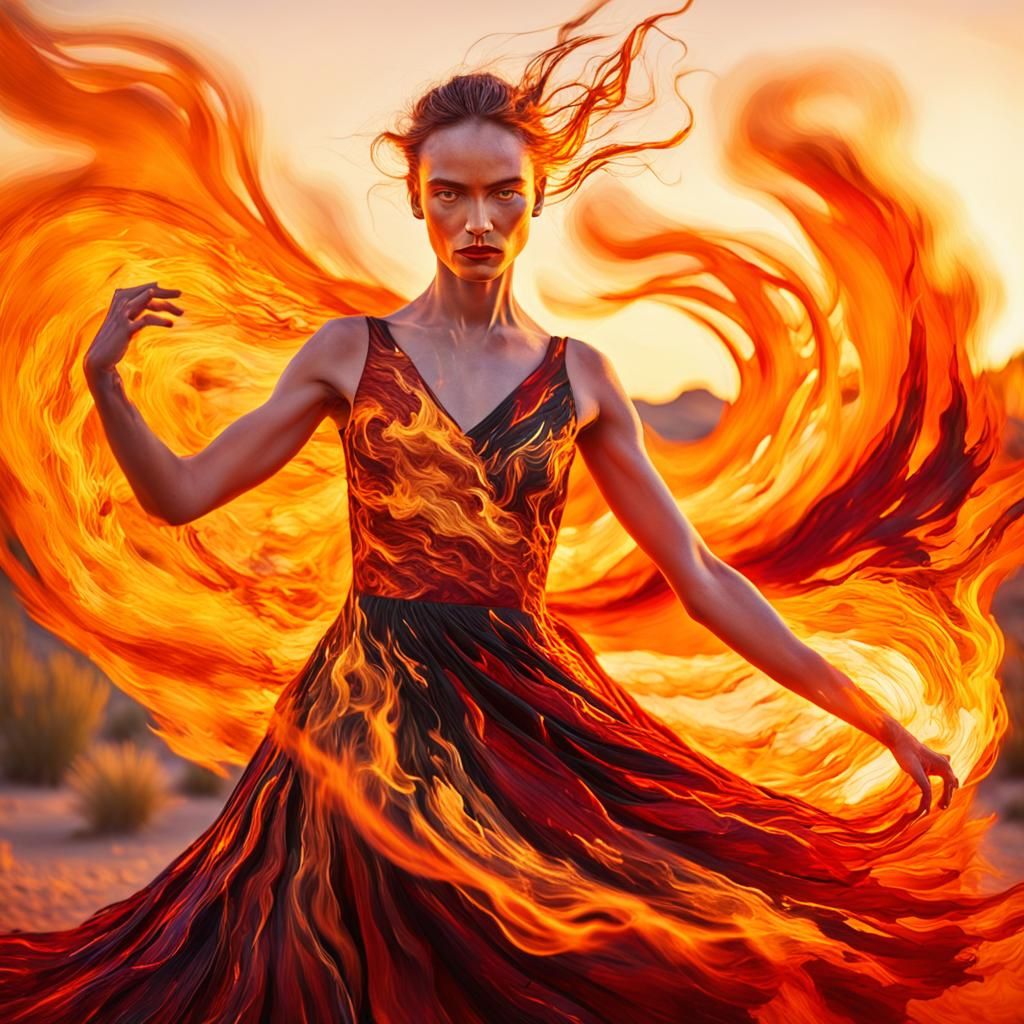 Elegant Fire Dancer in Desert Sunset, Abstract Expressionism