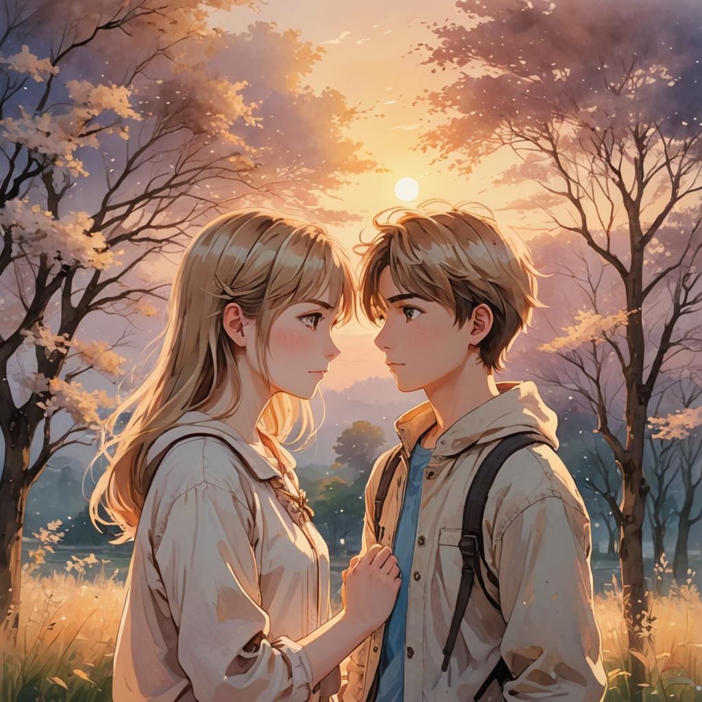 Romantic Anime Scene of Teenagers at Sunset