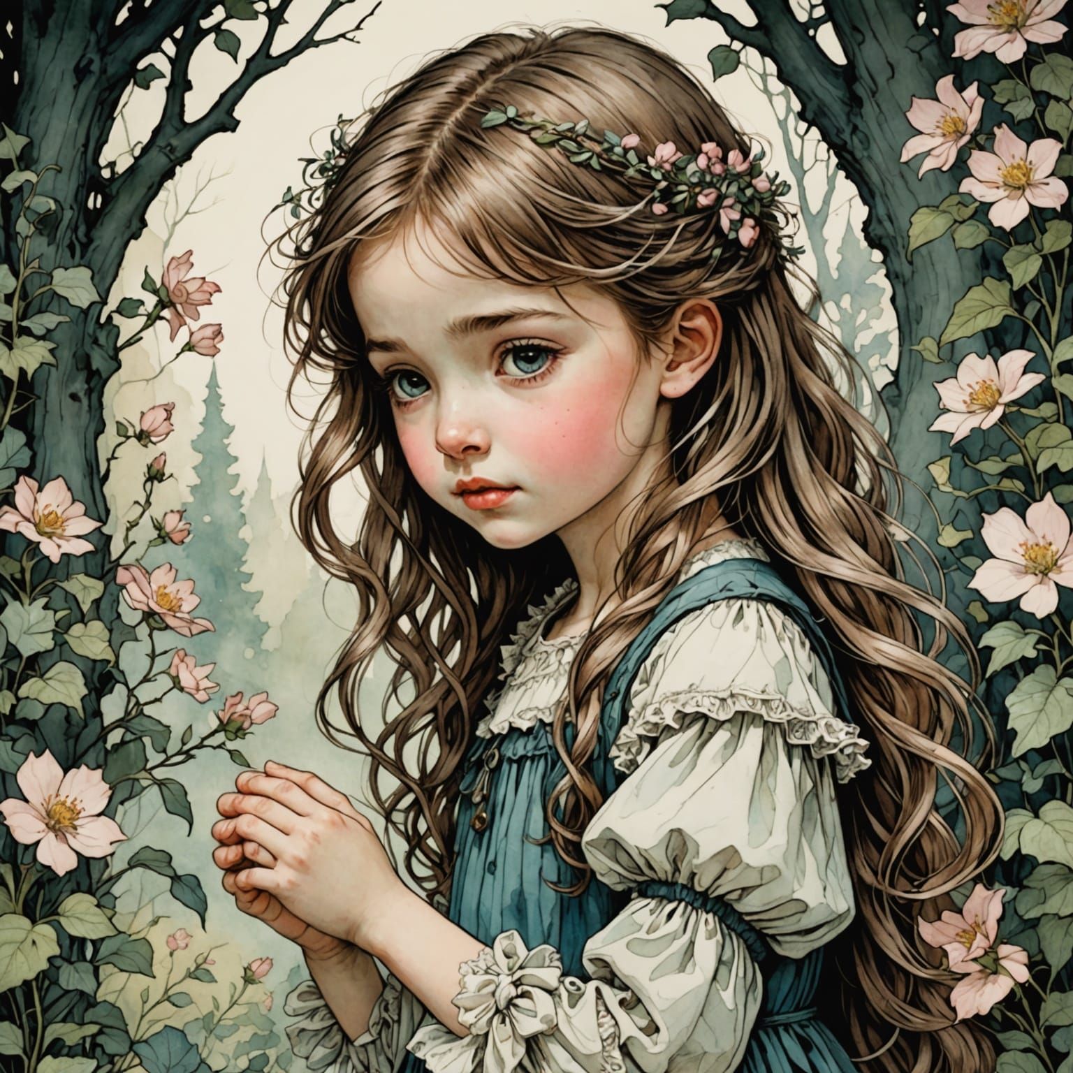 Shy Girl with Blush in Arthur Rackham Style