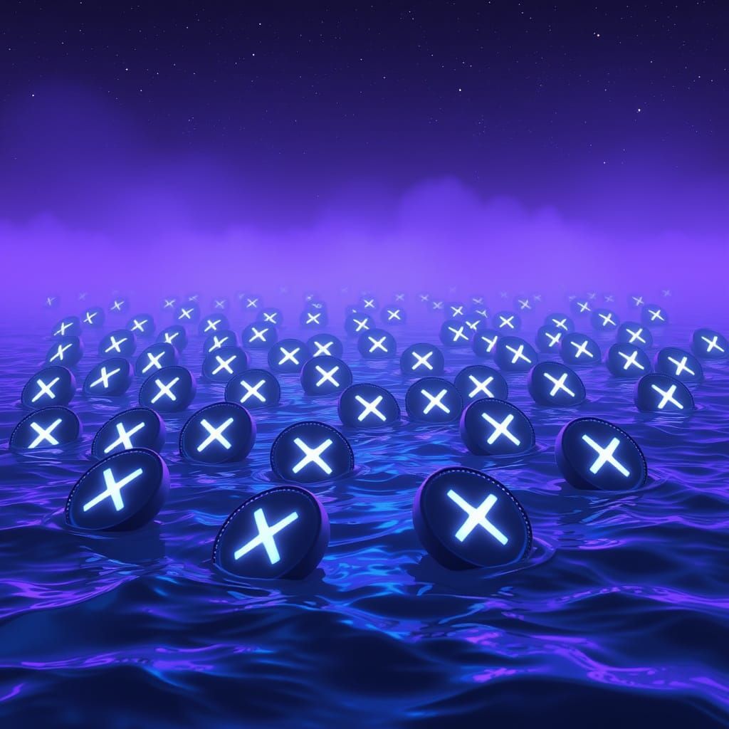 XRP Cryptocurrency Coins in Synthwave Neon Ocean