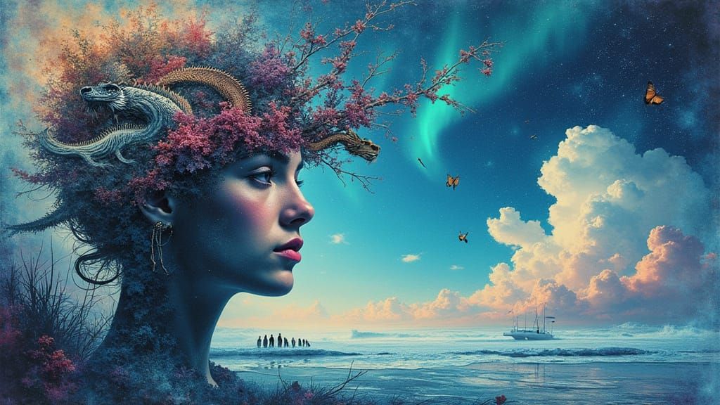 Surreal Woman With Fractal Skin and Glitched Realities