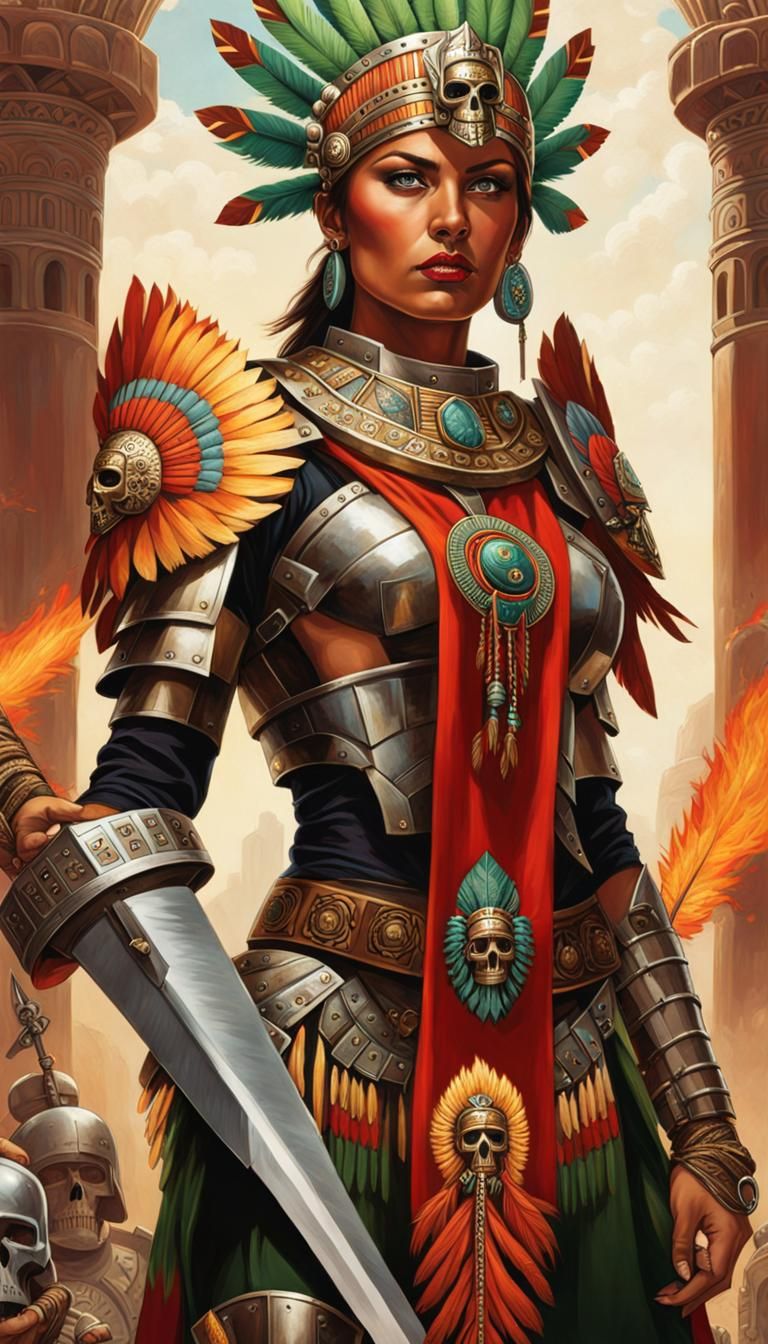 Aztec Warrior Woman with Flaming Sword in Dreamcore Style