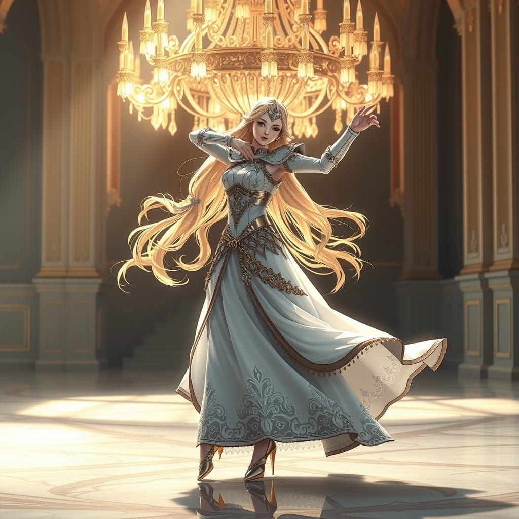 Elegant Paladin Dances in Ornate Ballroom, Anime Style