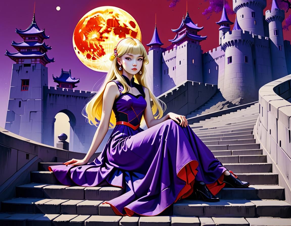 Teenager in Futuristic Castle, Ukiyo-e Style