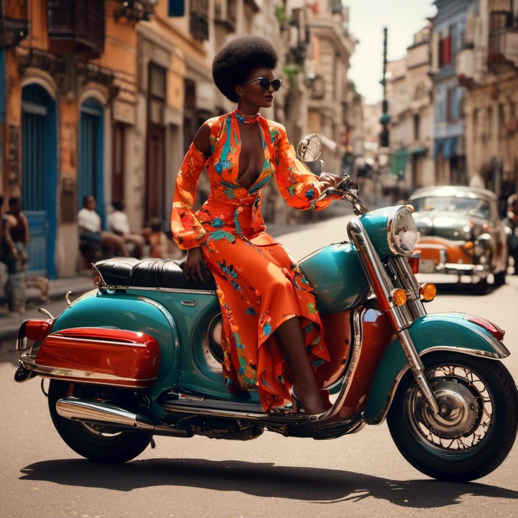 Black Granny Rides Vespa in Hyperrealistic Splash Art