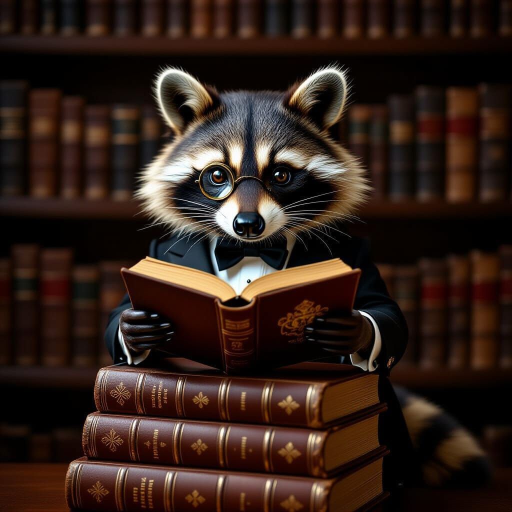 Lord Raccoon Reads in a Vintage Library