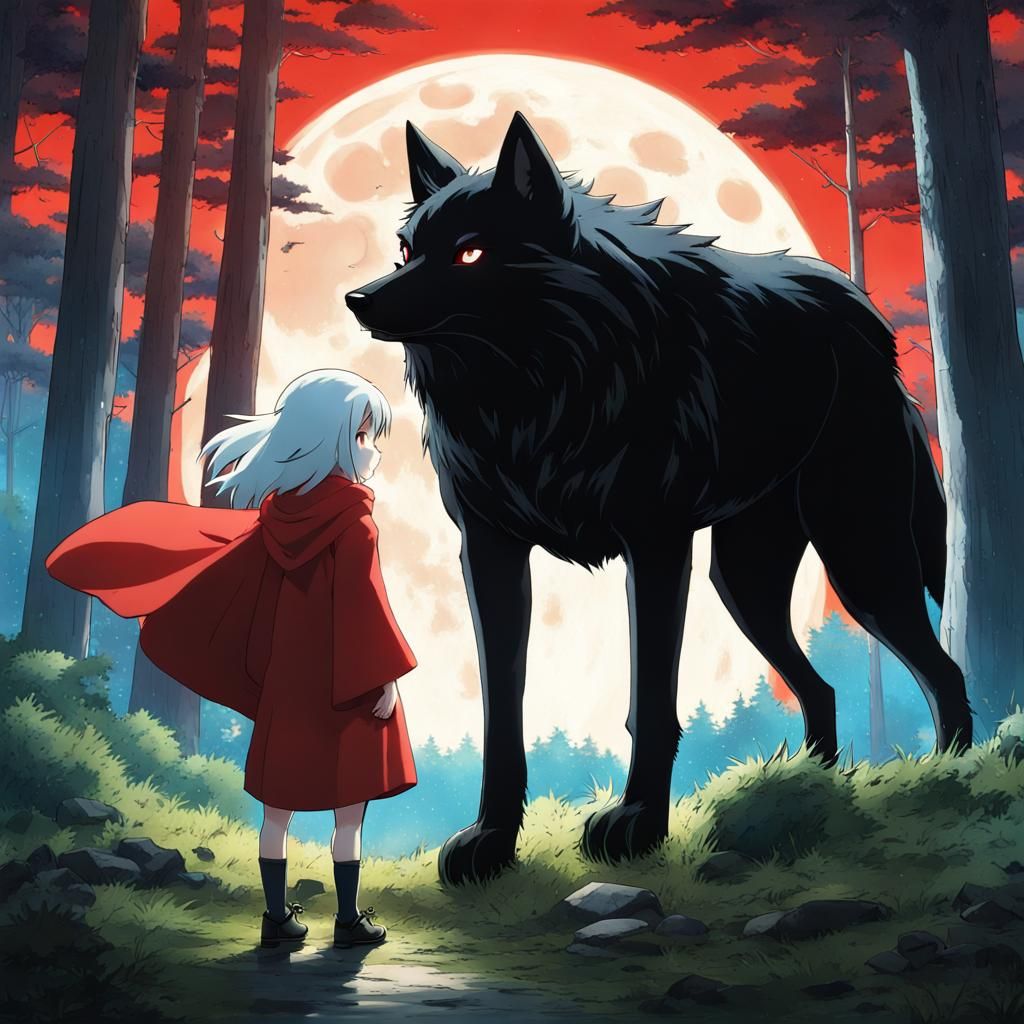 Anime Girl and Giant Wolf in Forest Under Moon