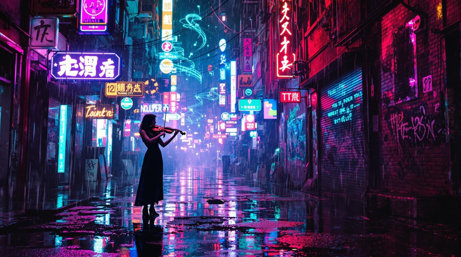Cyberpunk Violinist in Neon Cityscape