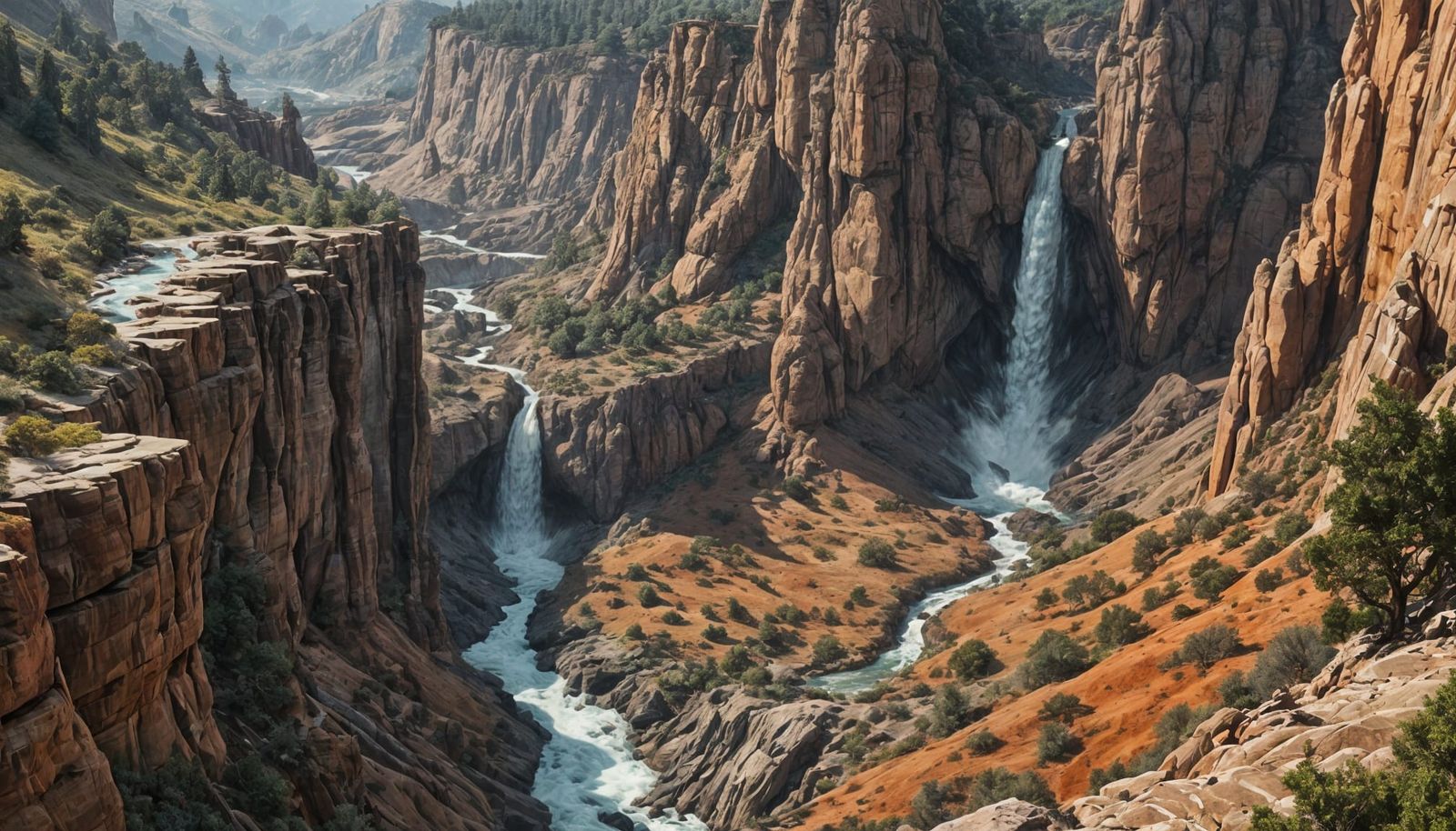 Epic Canyon Landscape with Waterfall: Futuristic Oil Paintin...
