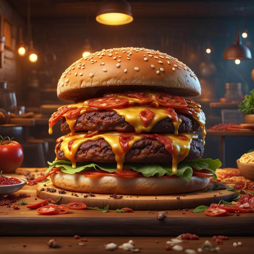 Hyperrealistic Pizza Burger with Spices