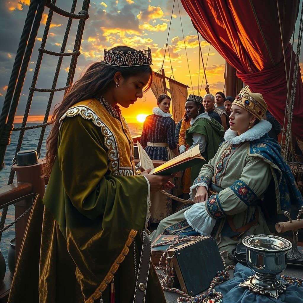 Medieval Ship at Sunset with Eccentric Travelers