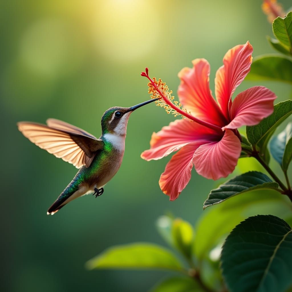 Iridescent Hummingbird in Vibrant Hibiscus Bloom