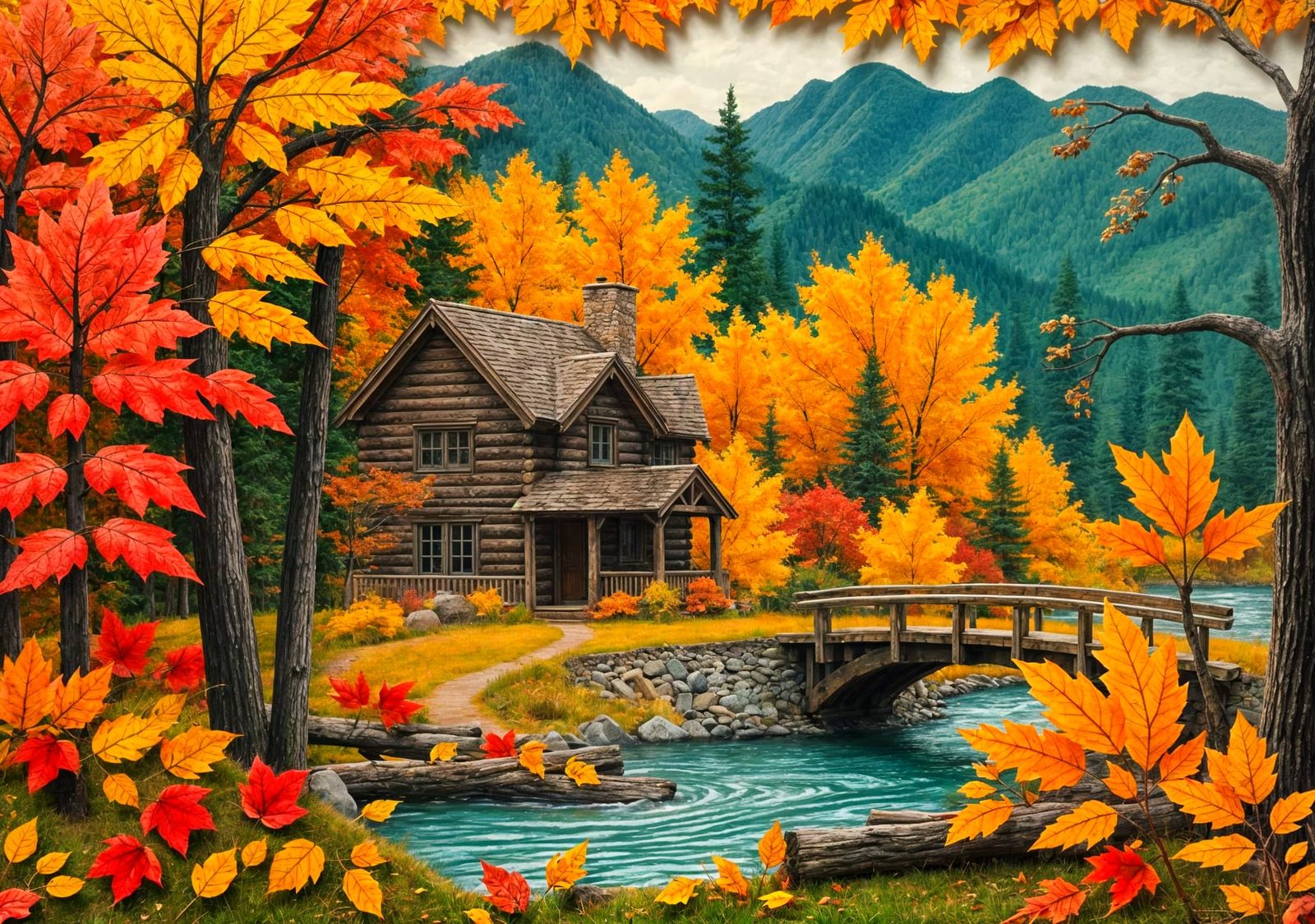 Autumn Cabin Paper Collage with River and Trees